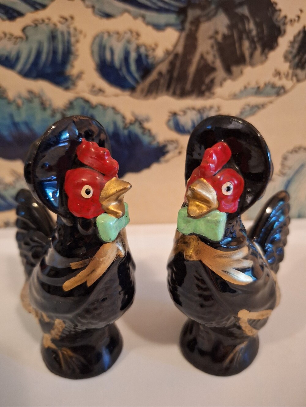 Black Ceramic Rooster Figurine Salt & Pepper Pair with Red Comb and Green Bow